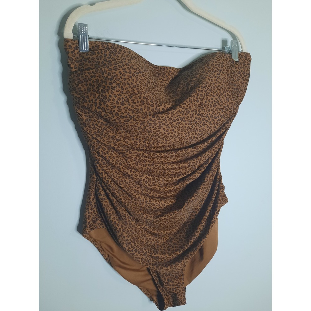 Bandeau One Piece Swimsuit Brown Leopard Print Ruched Strapless Swimwear